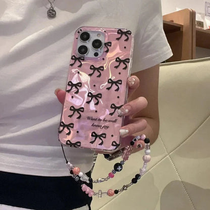 Pink IMD Black Ribbon Bow Tie Case With Chain