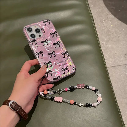 Pink IMD Black Ribbon Bow Tie Case With Chain