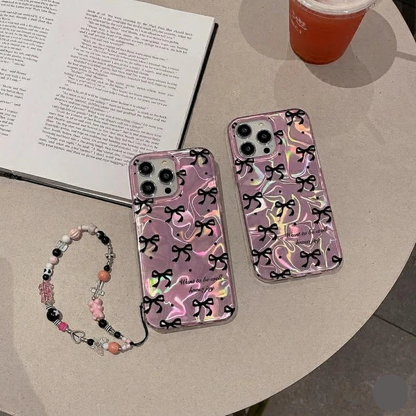 Pink IMD Black Ribbon Bow Tie Case With Chain