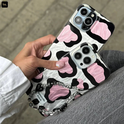 Glossy Cow Print Case With Chain