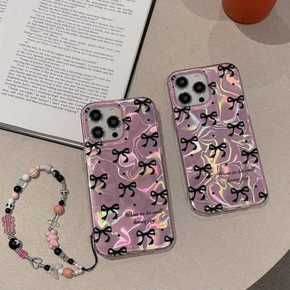 Pink IMD Black Ribbon Bow Tie Case With Chain