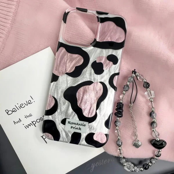 Glossy Cow Print Case With Chain